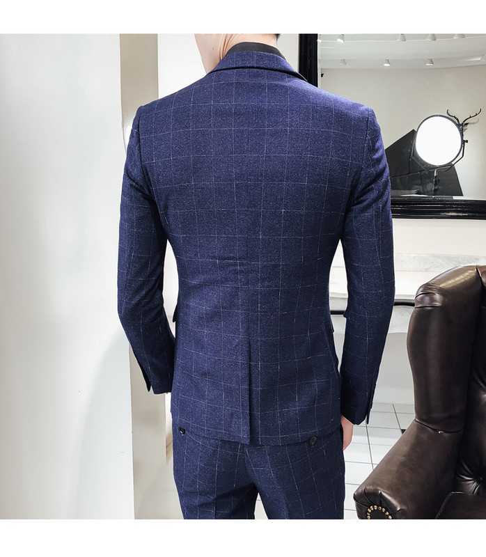 Férfi formális 3 részes férfi öltönyök kockás, vékony szabású férfi szmokingok esküvői vőlegényeknek (kabát+mellény+nadrág)