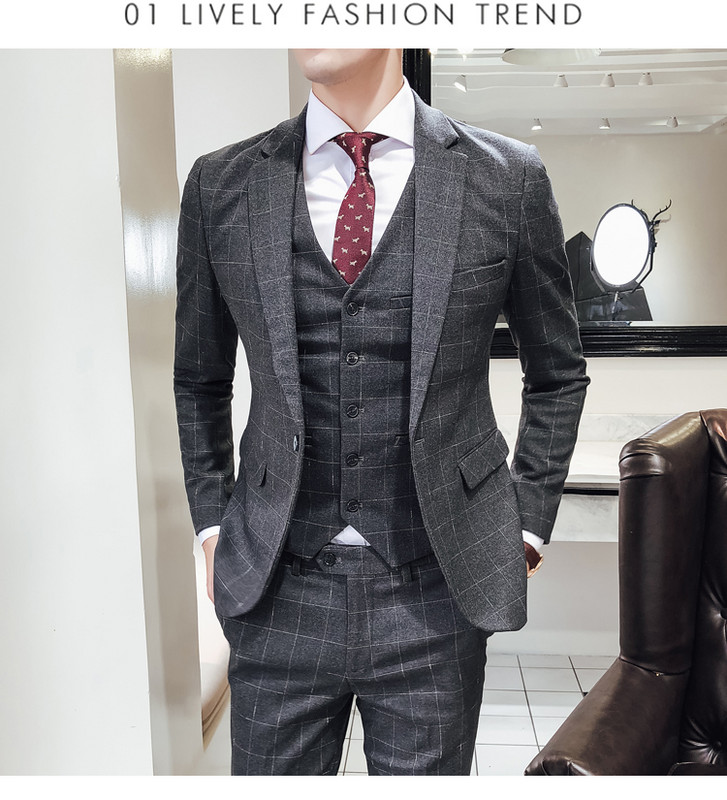 Férfi formális 3 részes férfi öltönyök kockás, vékony szabású férfi szmokingok esküvői vőlegényeknek (kabát+mellény+nadrág)