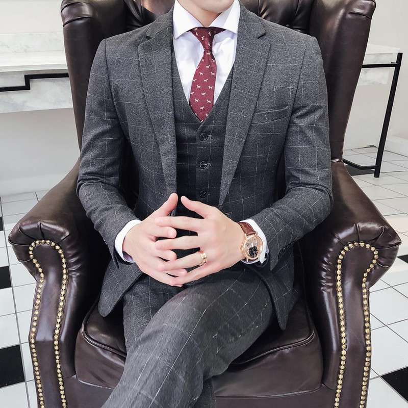 Férfi formális 3 részes férfi öltönyök kockás, vékony szabású férfi szmokingok esküvői vőlegényeknek (kabát+mellény+nadrág)