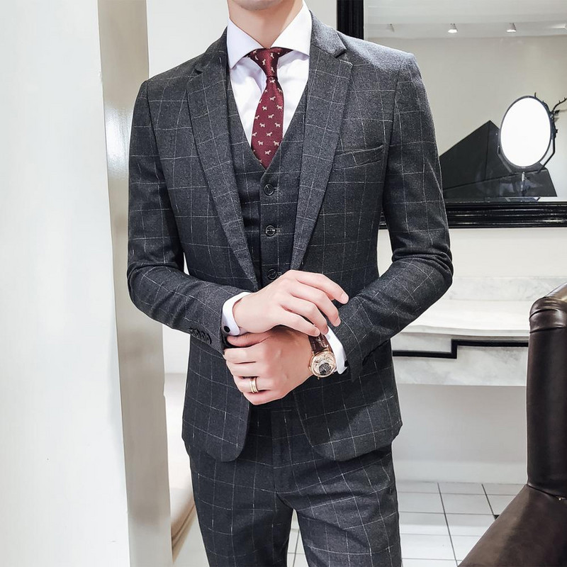 Férfi formális 3 részes férfi öltönyök kockás, vékony szabású férfi szmokingok esküvői vőlegényeknek (kabát+mellény+nadrág)