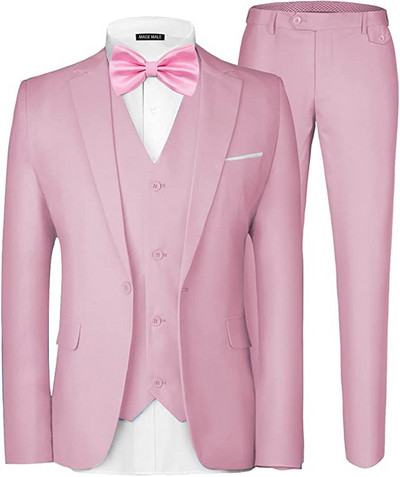 3 részes férfi öltöny, elegáns, tömör, egygombos karcsú, egysoros parti blézer mellény nadrág szett esküvőre