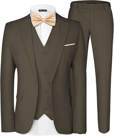 3 részes férfi öltöny, elegáns, tömör, egygombos karcsú, egysoros parti blézer mellény nadrág szett esküvőre