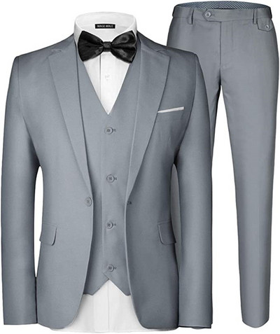 3 részes férfi öltöny, elegáns, tömör, egygombos karcsú, egysoros parti blézer mellény nadrág szett esküvőre