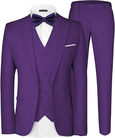 3 részes férfi öltöny, elegáns, tömör, egygombos karcsú, egysoros parti blézer mellény nadrág szett esküvőre