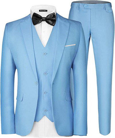 3 részes férfi öltöny, elegáns, tömör, egygombos karcsú, egysoros parti blézer mellény nadrág szett esküvőre