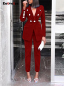 Eotvotee 2 részes női szett 2023 tavaszi nyár új masszív hosszú ujjú alkalmi öltönyök magas derekú vékony, széles lábú nadrág szett