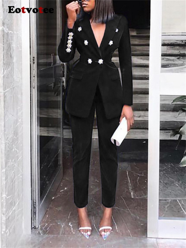 Eotvotee 2 részes női szett 2023 tavaszi nyár új masszív hosszú ujjú alkalmi öltönyök magas derekú vékony, széles lábú nadrág szett