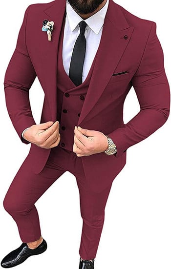 Мъжки костюм от 3 части Slim Fit Блейзър с едно копче Бизнес костюми Сватбени абитуриентски костюми за сватба (блейзър+жилетка+панталон)