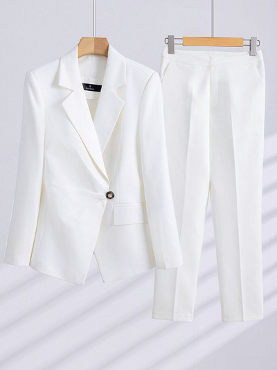 Női formális nadrágkosztüm 2 részes szett kék fekete fehér irodai női munkaruha blézer és nadrág