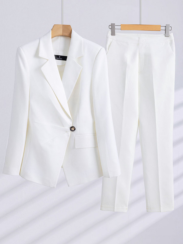 Női formális nadrágkosztüm 2 részes szett kék fekete fehér irodai női munkaruha blézer és nadrág