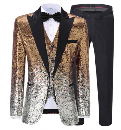 Férfi öltöny 3 részes, fényes flitteres öltöny, Peak Notch hajtóka esküvői/parti vőlegény bankett éjszakai klubhoz (blézer+mellény+nadrág)