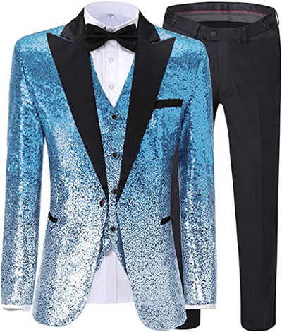 Férfi öltöny 3 részes, fényes flitteres öltöny, Peak Notch hajtóka esküvői/parti vőlegény bankett éjszakai klubhoz (blézer+mellény+nadrág)