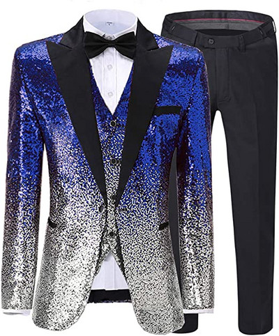 Férfi öltöny 3 részes, fényes flitteres öltöny, Peak Notch hajtóka esküvői/parti vőlegény bankett éjszakai klubhoz (blézer+mellény+nadrág)