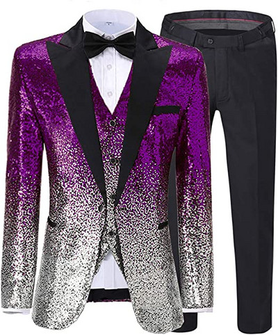 Férfi öltöny 3 részes, fényes flitteres öltöny, Peak Notch hajtóka esküvői/parti vőlegény bankett éjszakai klubhoz (blézer+mellény+nadrág)