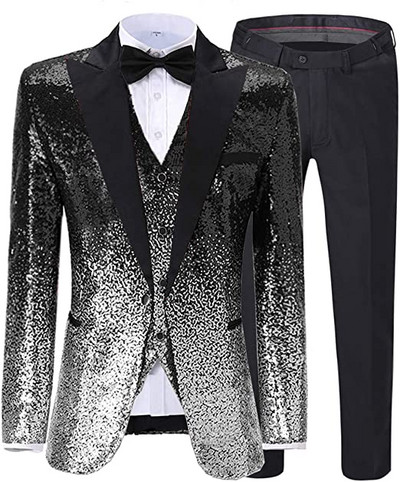 Férfi öltöny 3 részes, fényes flitteres öltöny, Peak Notch hajtóka esküvői/parti vőlegény bankett éjszakai klubhoz (blézer+mellény+nadrág)