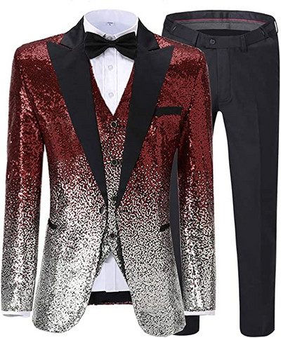 Férfi öltöny 3 részes, fényes flitteres öltöny, Peak Notch hajtóka esküvői/parti vőlegény bankett éjszakai klubhoz (blézer+mellény+nadrág)