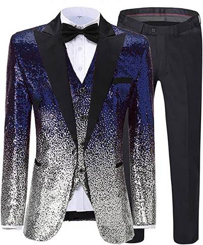 Férfi öltöny 3 részes, fényes flitteres öltöny, Peak Notch hajtóka esküvői/parti vőlegény bankett éjszakai klubhoz (blézer+mellény+nadrág)