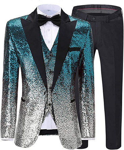 Férfi öltöny 3 részes, fényes flitteres öltöny, Peak Notch hajtóka esküvői/parti vőlegény bankett éjszakai klubhoz (blézer+mellény+nadrág)