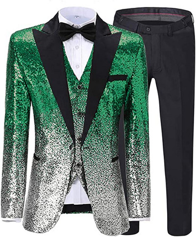 Férfi öltöny 3 részes, fényes flitteres öltöny, Peak Notch hajtóka esküvői/parti vőlegény bankett éjszakai klubhoz (blézer+mellény+nadrág)