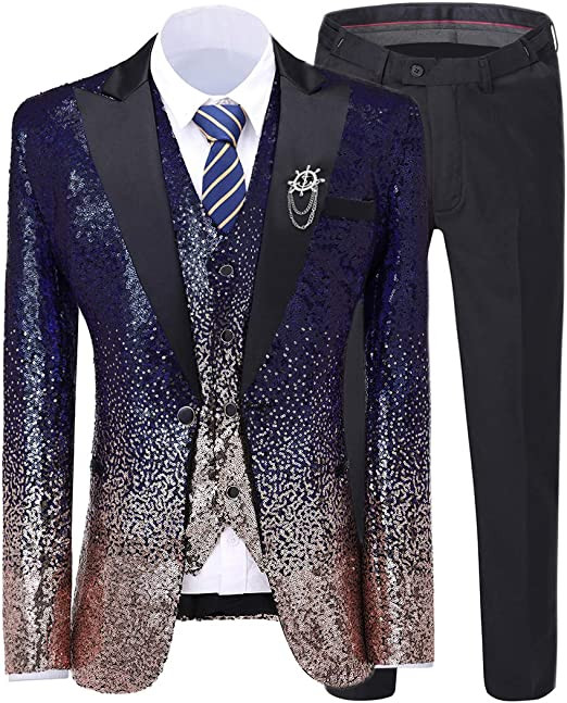 Férfi öltöny 3 részes, fényes flitteres öltöny, Peak Notch hajtóka esküvői/parti vőlegény bankett éjszakai klubhoz (blézer+mellény+nadrág)