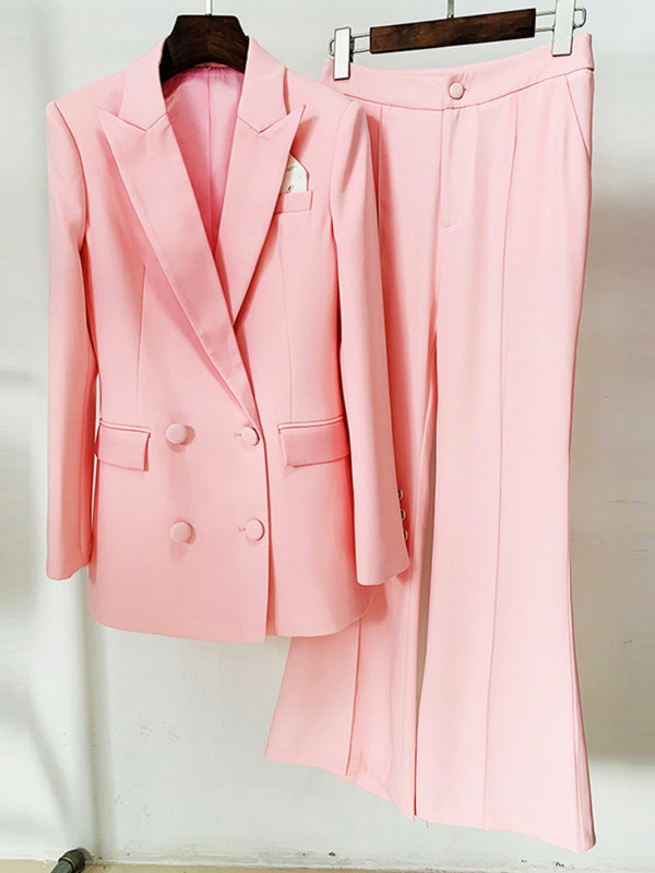 Női irodai öltöny őszi téli divatos blézer nadrágkosztüm 2022 elegáns rózsaszín hosszú ujjú blézer + kiszélesedő nadrág 2 részes készletek