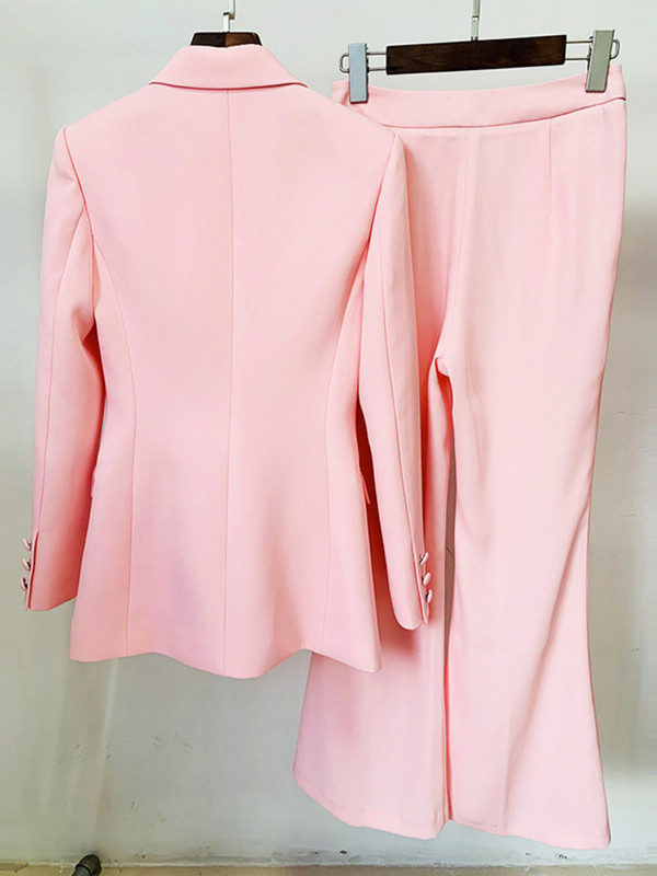 Női irodai öltöny őszi téli divatos blézer nadrágkosztüm 2022 elegáns rózsaszín hosszú ujjú blézer + kiszélesedő nadrág 2 részes készletek