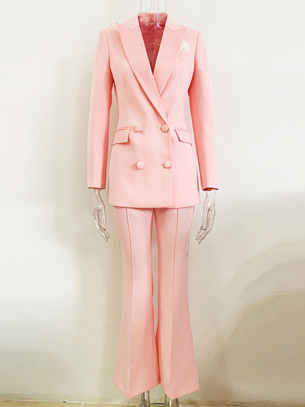Női irodai öltöny őszi téli divatos blézer nadrágkosztüm 2022 elegáns rózsaszín hosszú ujjú blézer + kiszélesedő nadrág 2 részes készletek