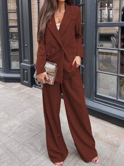 Őszi női alkalmi blézer 2 részes szett bő, hosszú ujjú öltöny kabát széles szárú nadrág nadrágkosztüm Női divat üzleti jelmez