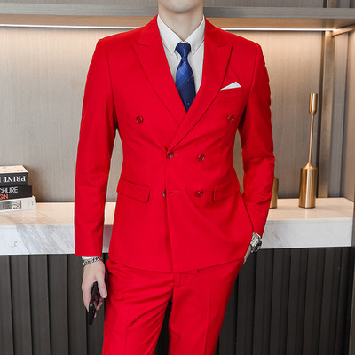 Férfi, kétsoros, kétrészes öltöny kabát szett Vékony divat új üzleti alkalmi dzseki brit stílusú esküvői ruha blézer nadrág