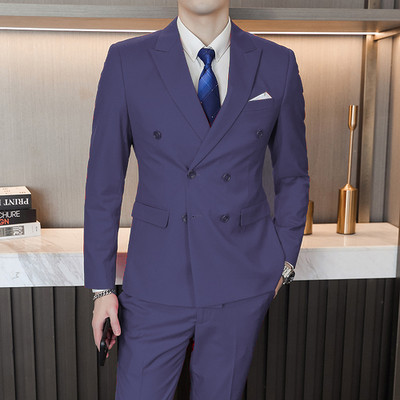 Férfi, kétsoros, kétrészes öltöny kabát szett Vékony divat új üzleti alkalmi dzseki brit stílusú esküvői ruha blézer nadrág