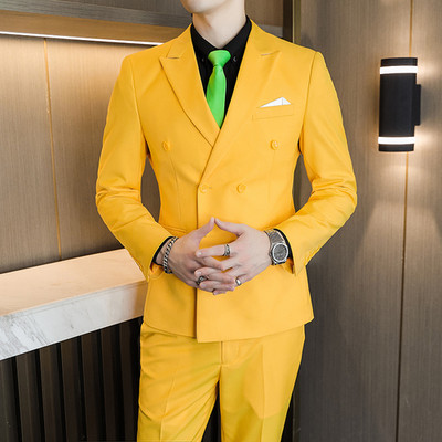 Férfi, kétsoros, kétrészes öltöny kabát szett Vékony divat új üzleti alkalmi dzseki brit stílusú esküvői ruha blézer nadrág