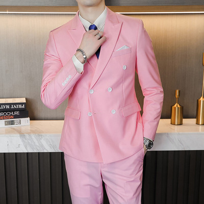 Férfi, kétsoros, kétrészes öltöny kabát szett Vékony divat új üzleti alkalmi dzseki brit stílusú esküvői ruha blézer nadrág