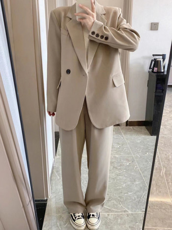 2022 Φθινοπωρινό γυναικείο κοστούμι casual vintage blazers Φαρδιά μπουφάν με διπλό στήθος Παντελόνι φαρδύ πόδι 2 τεμαχίων σετ Γυναικεία επαγγελματικά σύνολα