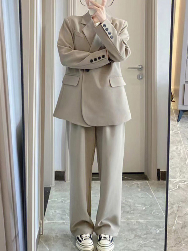 2022. őszi, női alkalmi, szüreti blézer öltöny, bő, kétsoros dzsekik, széles szárú nadrág, 2 részes szett, női üzleti ruhák