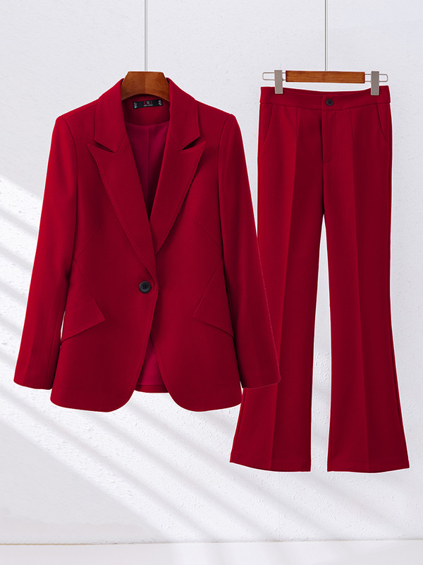 Őszi téli női nadrágkosztüm hivatalos irodai női munkaruha 2 részes szett piros fehér khaki női blézer és nadrág