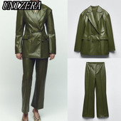UNIZERA őszi-téli új női viselet műbőr kétsoros öltöny dzseki + kiszélesedő nadrág kétrészes szett 7901327