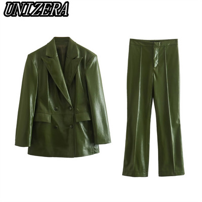 UNIZERA őszi-téli új női viselet műbőr kétsoros öltöny dzseki + kiszélesedő nadrág kétrészes szett 7901327