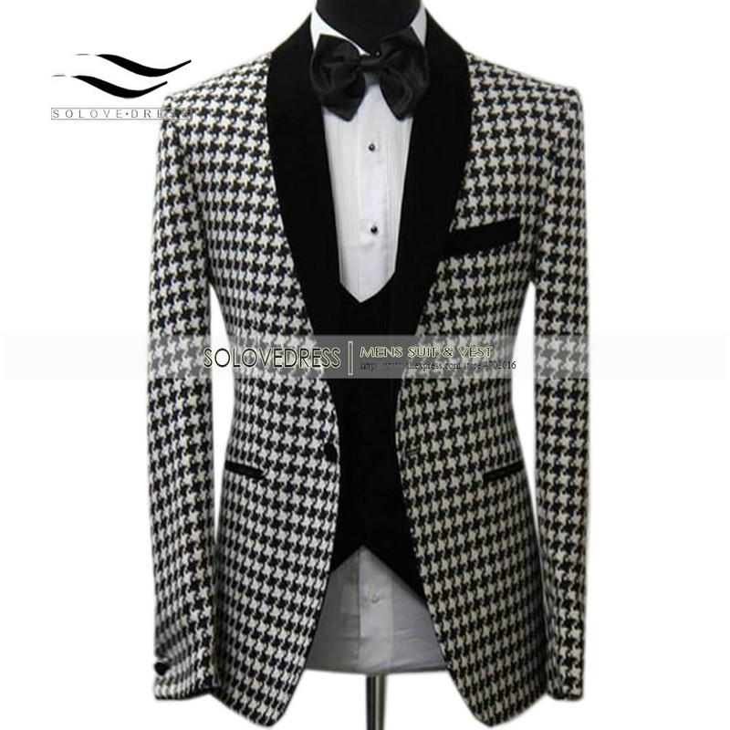 2020-as új férfi öltönyök báli szmokingok, 3 részes kopófogú kockás gyapjú esküvői vőlegény (blézer+mellény+nadrág)
