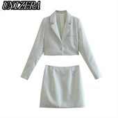 UNIZERA őszi és téli új női ruházat, ezüst fényes, rövid öltöny dzseki + magas derekú, egyenes szoknya kétrészes szett