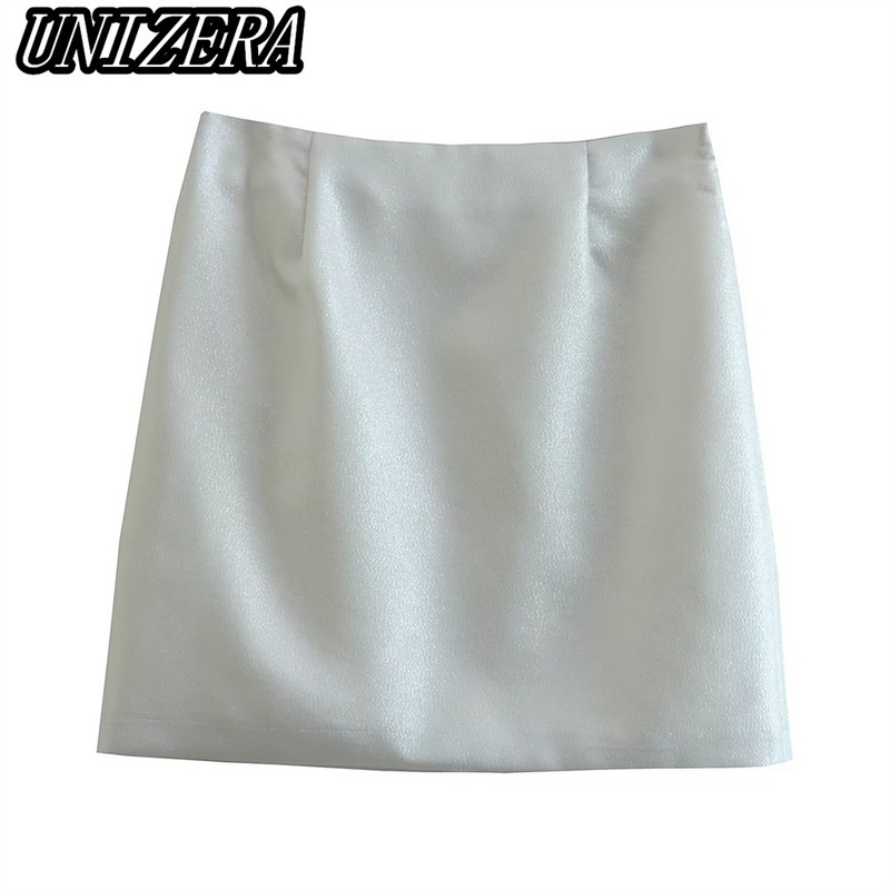 UNIZERA őszi és téli új női ruházat, ezüst fényes, rövid öltöny dzseki + magas derekú, egyenes szoknya kétrészes szett
