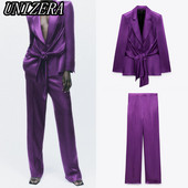 UNIZERA őszi és téli új női ruházat csípős selyem szatén textúrájú öltöny dzseki + magas derekú egyenes nadrág kétrészes szett