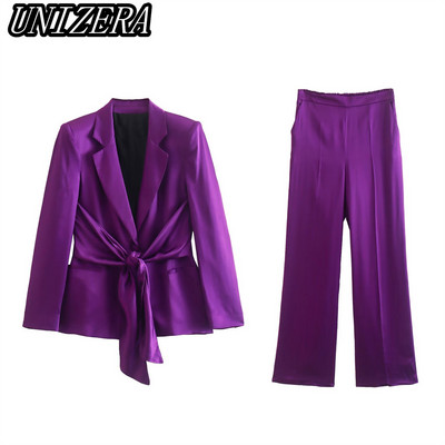 UNIZERA őszi és téli új női ruházat csípős selyem szatén textúrájú öltöny dzseki + magas derekú egyenes nadrág kétrészes szett