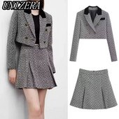 UNIZERA őszi/téli új női halszálkás mintás rövid öltöny dzseki + magas derekú A vonalú szoknya kétrészes szett