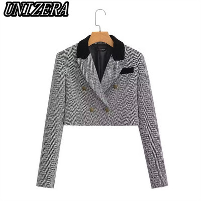 UNIZERA őszi/téli új női halszálkás mintás rövid öltöny dzseki + magas derekú A vonalú szoknya kétrészes szett