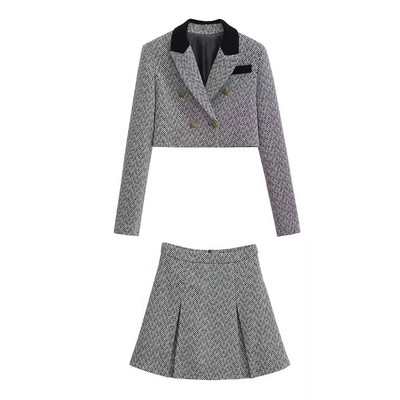 UNIZERA őszi/téli új női halszálkás mintás rövid öltöny dzseki + magas derekú A vonalú szoknya kétrészes szett