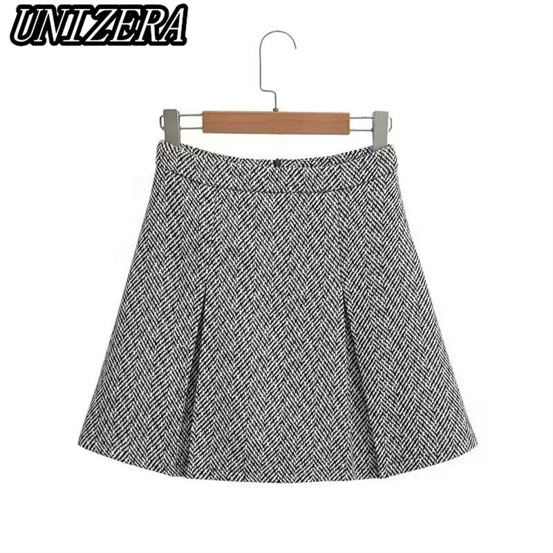 UNIZERA őszi/téli új női halszálkás mintás rövid öltöny dzseki + magas derekú A vonalú szoknya kétrészes szett