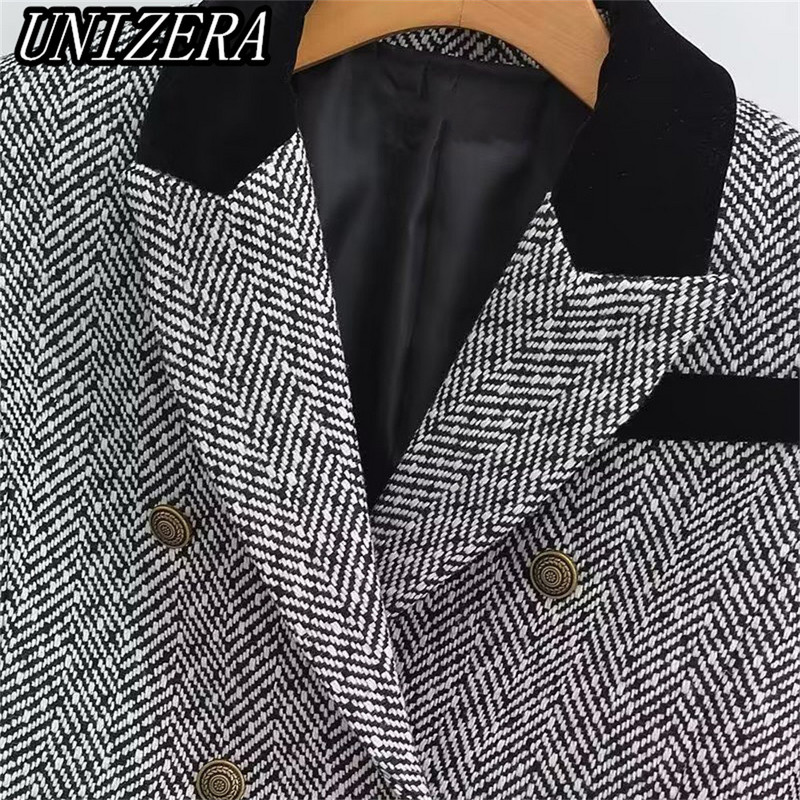 UNIZERA őszi/téli új női halszálkás mintás rövid öltöny dzseki + magas derekú A vonalú szoknya kétrészes szett