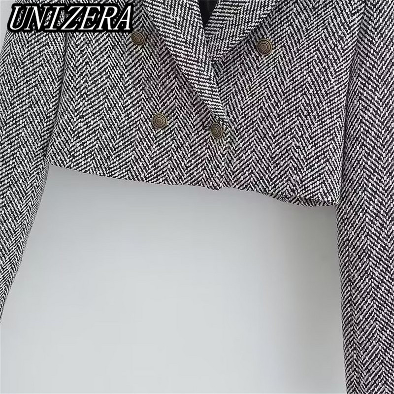 UNIZERA őszi/téli új női halszálkás mintás rövid öltöny dzseki + magas derekú A vonalú szoknya kétrészes szett