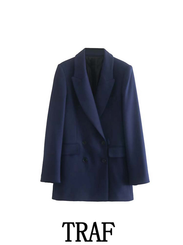 TRAF 2023 női 2 részes készletek, divatos, kétsoros blézerkabát felsők + bő, hosszú nadrág, oksági ingázási szettek