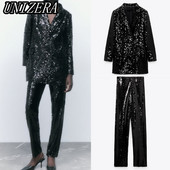 UNIZERA őszi-téli új női ruházat fekete flitteres hosszú öltöny dzseki + magas derekú karcsú nadrág kétrészes szett 9336556